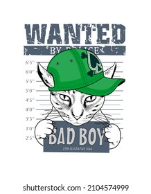 Dibujo vectorial de una tira cómica de gato lindo con sombrero, buscado por la policía