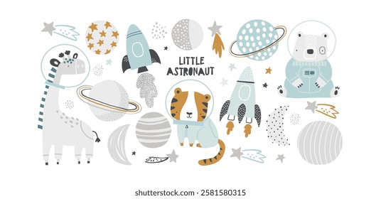 Vector illustration of cute animal astronauts: tiger, giraffe and bear in spacesuits. Space elements: planets, stars, rockets, constellations. Space cartoon set for kids. Little astronaut.