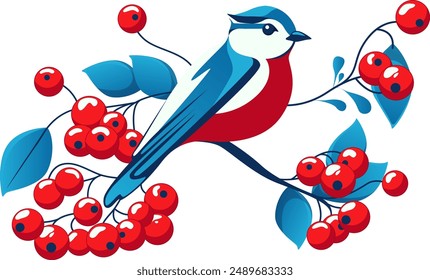 Ilustración vectorial de un lindo animal, pájaro, jilguero, invierno, año nuevo, vacaciones, color de América, sello, postal, bayas de la serpiente invernal, decoración, pegatina, embalaje, etiqueta de vacaciones