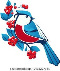 vector illustration of a cute animal, bird, bullfinch, winter, new year, holiday, color of America, stamp, postcard, winter rowan berries, decor, sticker, packaging, holiday label