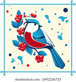 vector illustration of a cute animal, bird, bullfinch, winter, new year, holiday, color of America, stamp, postcard, winter rowan berries, decor, sticker, packaging, holiday label