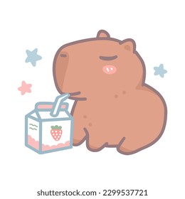 Vector illustration with cute animal capybara and strawberry milk. Print design for t-shirt, cover.