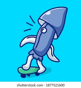 Vector illustration of cute animal character, squid skateboarding