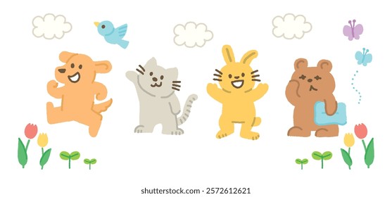 Vector illustration of cute animal characters enjoying the springtime