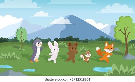 Ilustração vetorial de personagens animais bonitos, um pinguim, coelho, urso, esquilo e raposa correndo em um campo coberto de chuva, com cenário de floresta, paisagem de montanha, céu azul e nuvens brancas