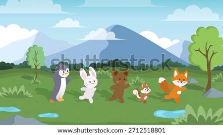 Vector illustration of cute animal characters, a penguin, bunny, bear, squirrel, and fox running on a rain-soaked grassy field, featuring forest scenery, mountain landscape, blue sky, and white clouds