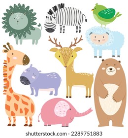 Vector illustration of cute animal collection for kids on white background consisted of lion, zebra, giraffe, hippopotamus, elephant,  deer, sheep, bear, and bird 