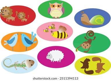 Vector illustration of cute animal. Colorful circular icon set. Simple design. White background.