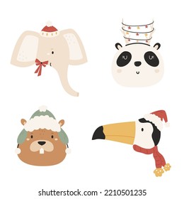 Vector illustration with cute animal faces in chrostmas decorations - elephant, panda, beaver, toucan