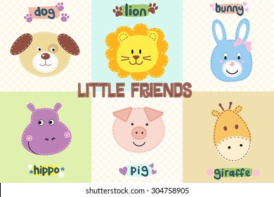 Vector illustration of cute animal faces for baby design. Cartoon animal head icon. Funny characters. Colorful patchwork background with pets. Set of six vector illustrations