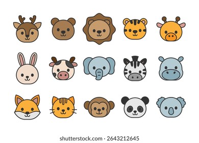 Vector illustration of Cute Animal Head theme icons in Solid Line Style