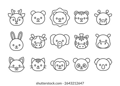 Vector illustration of Cute Animal Head theme icons in Line Style