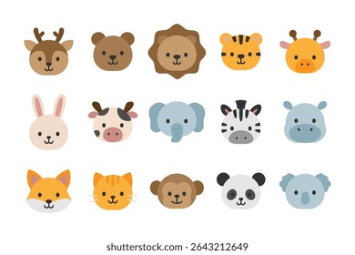 Vector illustration of Cute Animal Head theme icons in Flat Style