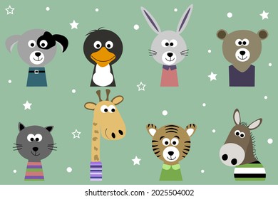 Vector illustration of cute animal heads donkey, penguin, hare, tiger, giraffe, dog, cat, bear with dots and stars on a green background. Cartoon illustration for childrens postcards.