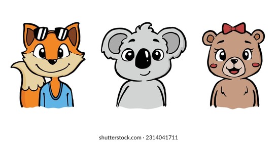 Vector illustration cute animal koala bear fox in hand drawn cartoon style