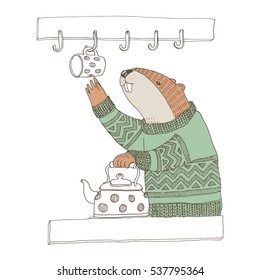 Vector illustration. Cute animal like humans. Humanized animal. Beaver in sweater in the kitchen making tea