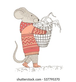 Vector illustration. Cute animal like humans. Humanized animal. Dressed mouse stores for the winter grains. Mouse carries a basket with grains