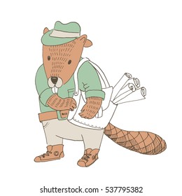 Vector illustration. Cute animal like humans. Humanized animal. Beaver in shirt and jeans with bag filled with rolls