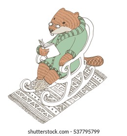 Vector illustration. Cute animal like humans. Humanized animal. Beaver in bathrobe and glasses sitting in a rocking chair and reading a book