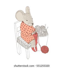 Vector illustration. Cute animal like humans. Humanized animal. Dressed mouse knits socks. Big basket with wool balls.