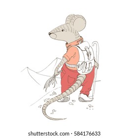 Vector illustration. Cute animal like humans. Humanized animal. Mouse pants and jacket standing on a mountain with a backpack