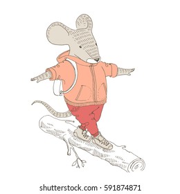 Vector illustration. Cute animal like humans. Humanized animal. Mouse pants and jacket walking on a log with a backpack