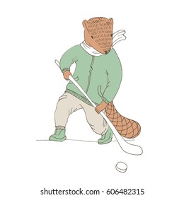 Vector illustration. Cute animal like humans. Humanized animal. Beaver in hoody plays hockey