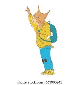 Vector illustration. Cute animal like humans. Humanized animal. The lynx pants and jacket standing with a backpack