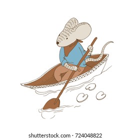 Vector illustration. Cute animal like humans. Humanized animal. The mouse swims on a boat