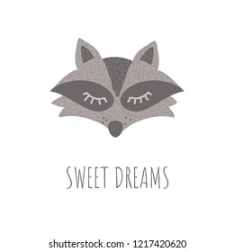 Vector Illustration with cute animal on white background. Funny Raccoon. Retro style.Sweet dreams phrase. Perfect fo kids cards, posters, book illustration and other design projects. EPS10