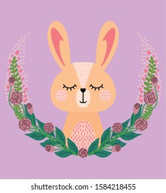 Vector illustration with cute animal. Rabbit head in a round frame of roses and leaves on pink background