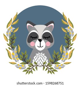 Vector illustration with cute animal. Raccoon head in a round frame of flowers and leaves