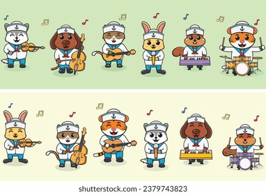 Vector Illustration of Cute Animal sailors Music Band. Big set of cute Animal cartoon in professions. Animal Cartoon flat style. cat, dog, rabbit, squirrel, tiger and wolf