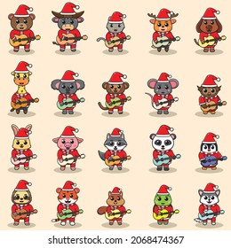 Vector illustration of Cute Animal Santa Claus playing Guitar. Christmas design element. Good for icon, label, sticker, clipart.