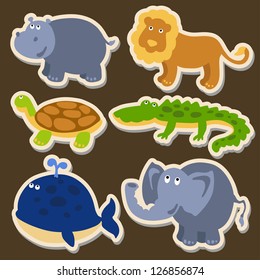 Vector illustration of cute animal set including hippopotamus, lion, turtle, crocodile, whale and elephant