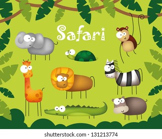 Vector illustration of cute animal set including lion, elephant, monkey, giraffe, zebra, hippo, turtle and crocodile