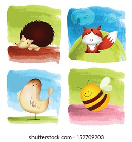 Vector illustration of cute animal set including hedgehog, fox, bird and bee