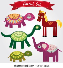 Vector illustration of cute animal set horse, elephant, turtle, dinosaur