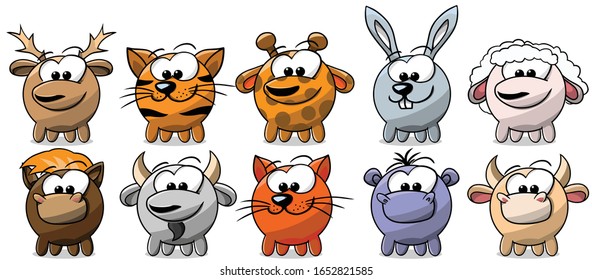 Vector illustration of cute animal set including Deer, Tiger, Giraffe, Rabbit, Sheep, Horse, Buffalo, Cat, Hippo and Cow