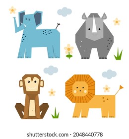 Vector illustration of cute animal set for baby card and invitation including elephant, lion, monkey, rhino