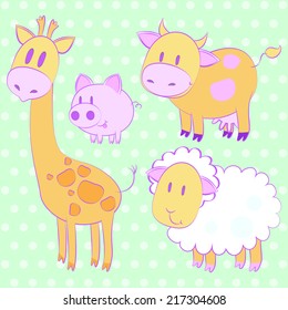 Vector illustration of cute animal set cow, pig, giraffe, sheep