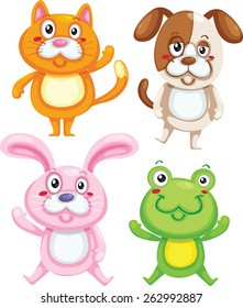 Vector illustration of cute animal set including cat, dog, rabbit and frog.