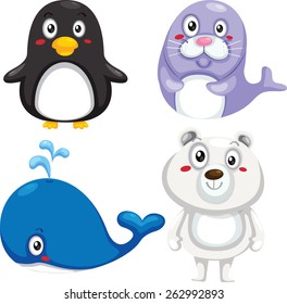 Vector illustration of cute animal set including penguin, seal, whale and polar bear.