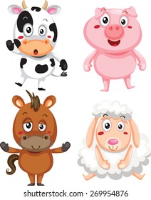 Vector illustration of cute animal set including cow, pig, horse and sheep.