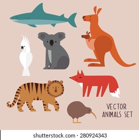 Vector illustration of cute animal set including kangaroo, fox, cockatoo, tiger,shark, kiwi, and koala.