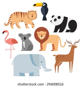 Vector illustration of cute animal set including panda, lion, deer, tiger, flamingo, koala, elephant and toucan.