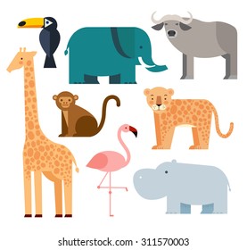 Vector illustration of cute animal set including monkey, giraffe, buffalo, elephant, toucan, leopard, hippopotamus and flamingo.