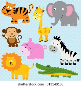 Vector illustration of cute animal set including tiger, crocodile, giraffe, monkey, lion, elephant, hippo and zebra.