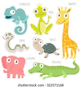 vector illustration of cute animal set including chameleon, frog, snake, turtle, giraffe, elephant, crocodile