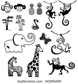 Vector illustration of cute animal set including  elephant, monkey, giraffe and zebra 
